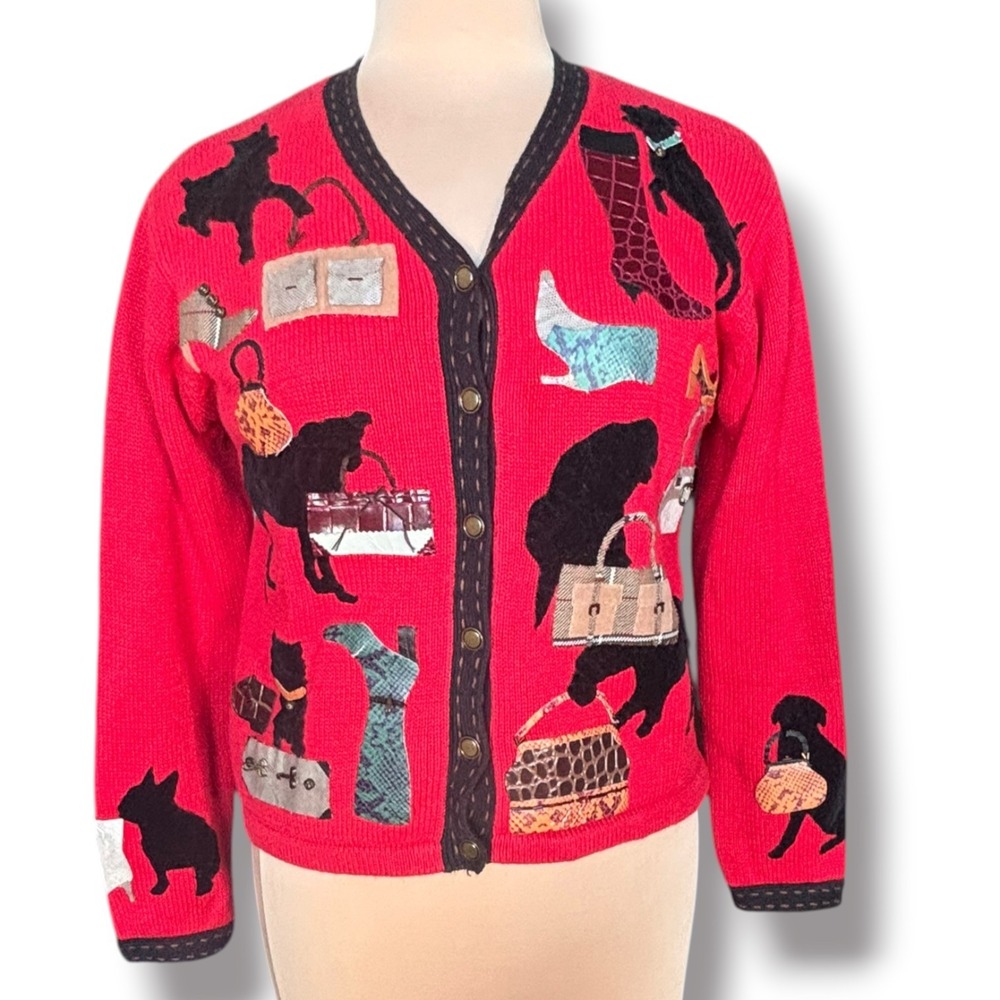 Susan Bristol Y2K Dog Purse Shoe Applique Cardigan Whimsical Novelty Knit